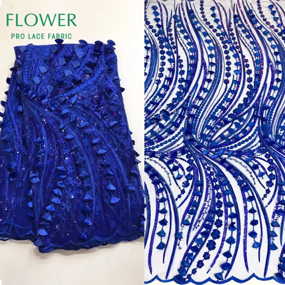 Новое поступление! 3D цветок аппликация Сетчатое кружево ткань Королевский синий Африканский свадебное платье ткани с блестками 3D кружевная тюль