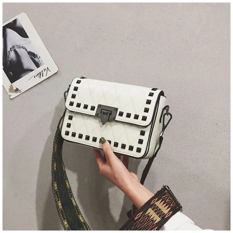Women's Fashion Rivets Crossbody bag Luxury Brand PU leather Shoulder Bags Female Red Punk Style Wide Strap Street Handbag Purse (37)