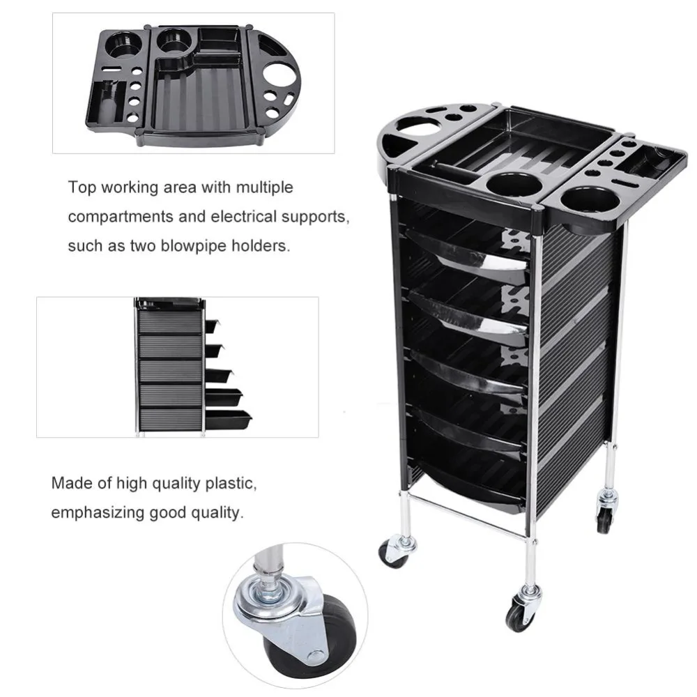 

Hair Salon Instrument Storage Cart Adjustable Height Trolley Beauty Tools with 5 Drawers