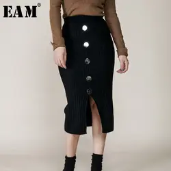 [EAM] 2019 новая весенняя женская Свободная винтажная сплит-юбка с высокой талией, повседневная юбка до середины икры, модная юбка OB265