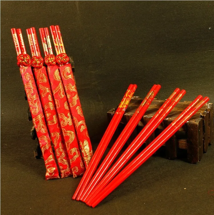 5 Sets of Red Chinese Wooden Chopsticks with Double Happiness Sign for Wedding 