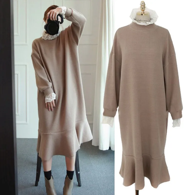 

2018 Long Sleeve Knitted Maternity Long Dress 2018 Autumn Fashion Tie Waist Nursing Clothes for Pregnant Women Pregnancy