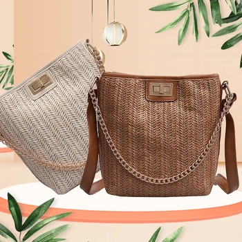 

Portable Crossbody Summer Rattan Hawaii Woven Handmade Knitted Straw Rattan Large Capacity Tote Women Fluffy Shoulder Bag Female