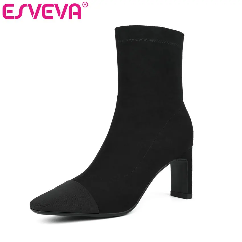 

ESVEVA 2020 Women Boots Cow Suede Autumn Shoes Ankle Boots Round Toe Flock Square High Heels Black Woman Shoes Size 34-39