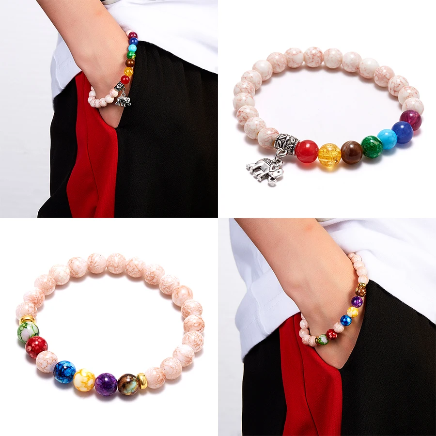

Rinhoo 7 Chakra Bracelet Women Men White Natural Stone Yoga Beads Bracelet Silver Metal Elephant Pendant Charms Rainbow Jewelry