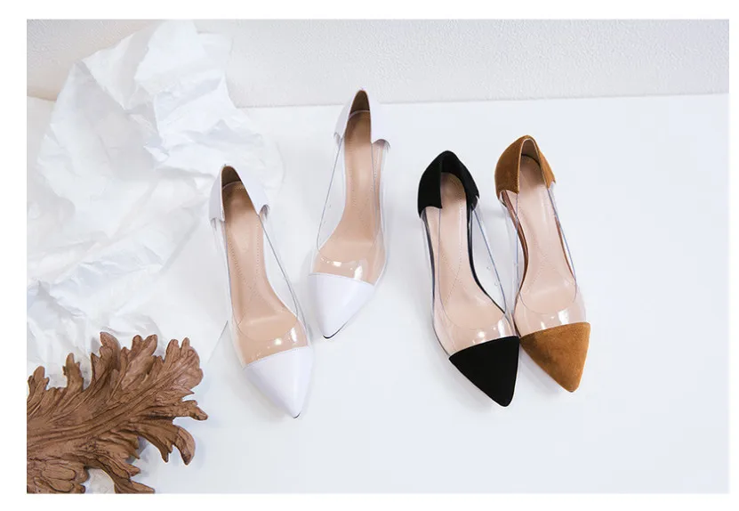 

Woman Pointed Toes Mixed Coloe Shallow Mouth Single Shoes Ladies New Style Stiletto Heel Color matching transparent women's shoe