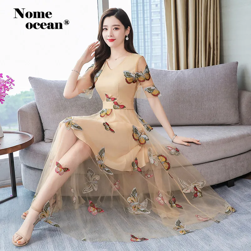 

Embroidered Butterfly Applique Maxi Dress Gaze Layered Lining Lace Dress Plus Size M-3XL Female Bohemian Long Dress M19051819