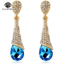 DLSHTMB Austrian Long Blue Crystal Earrings Colorful Fancy Water Drop Earrings Elegant Earrings Jewelry for