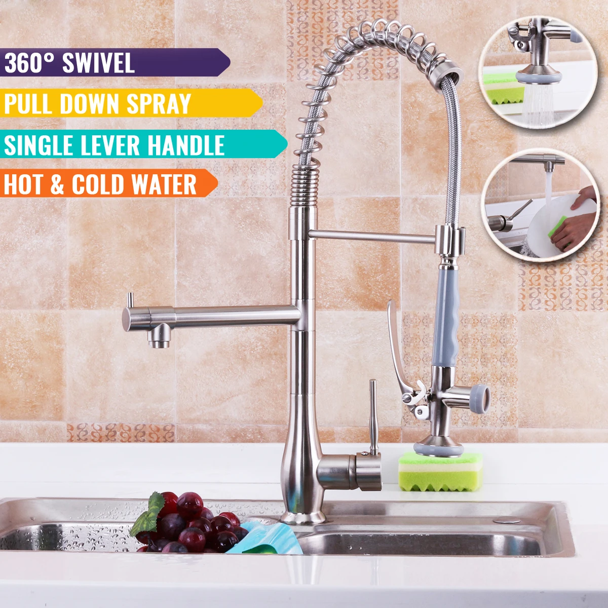 

Xueqin 360 Degree Swivel Spring Brushed Nickel Pull Down Spray Kitchen Sink Faucet With Two Hoses Mixer Cold And Hot Water