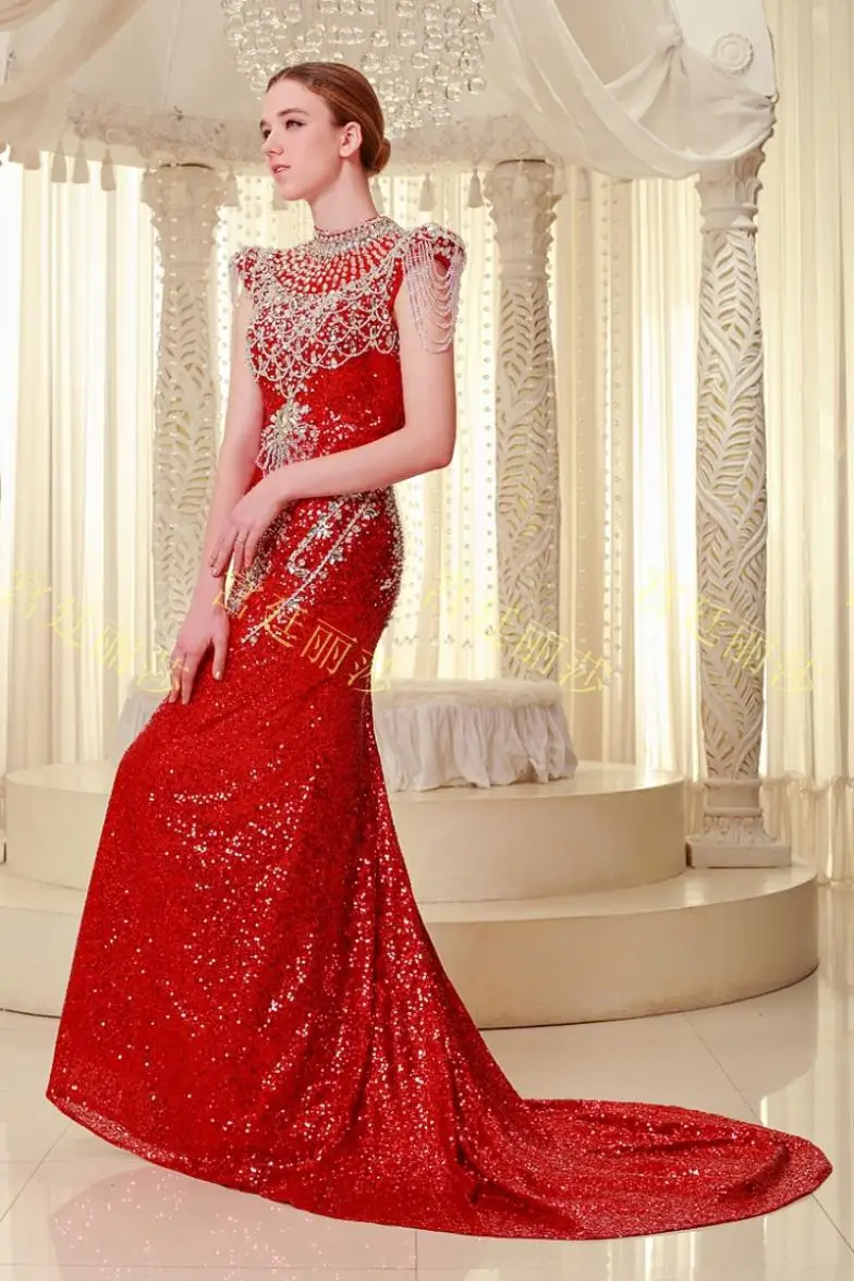 Новая мода роскошный горный хрусталь кристалл формальные невесты Высокий воротник элегантный sexy вечерние платья пром платья