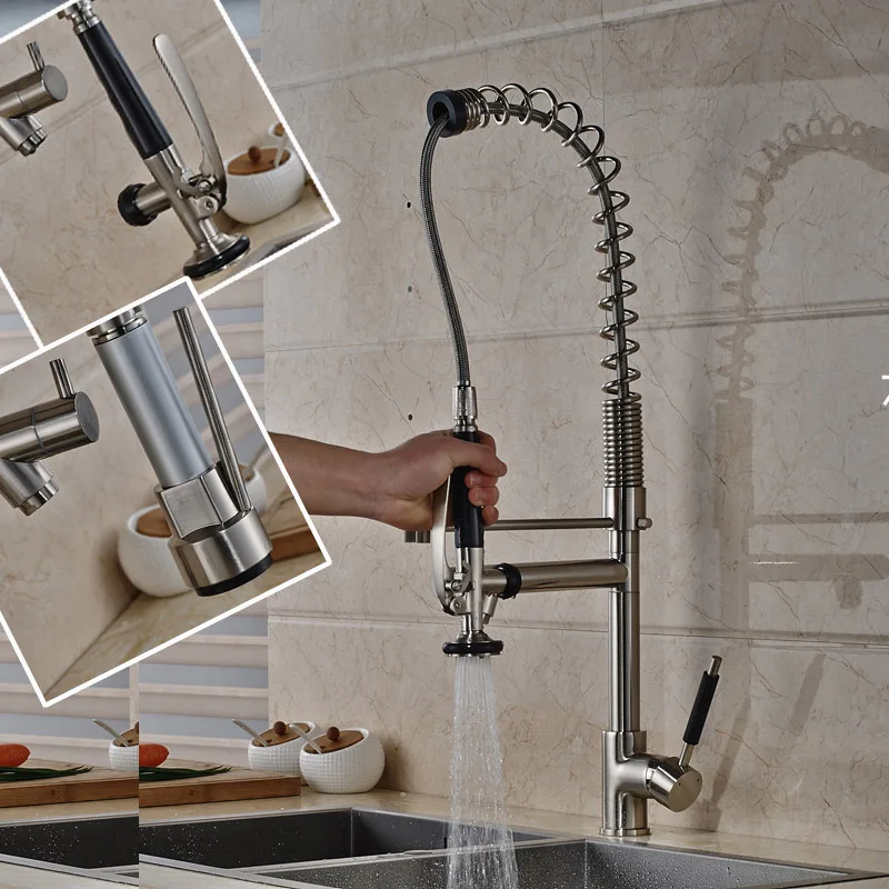 

Brushed Nickel 75cm Pull Down Side Spout Kitchen Faucet Single Holder Single Hole Kitchen Mixer Taps with Hot and Cold Water