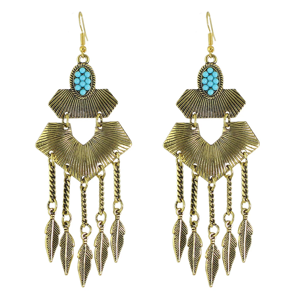 Vintage Jewelry Antique Gold Silver Color With Blue Red Beads Feather Shape Chandelier Drop Earrings For Women | Украшения и