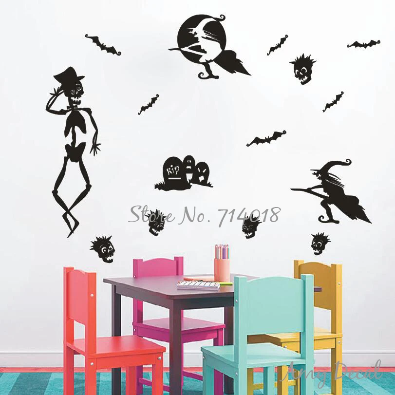 Calcomanias De Pared De Halloween Murcielagos Esqueleto Y Bruja