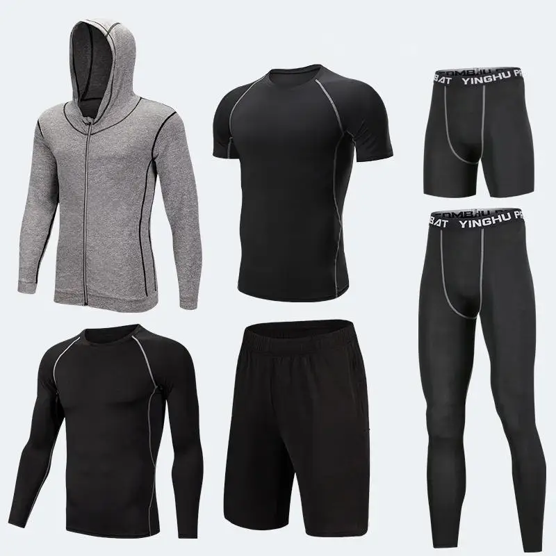 Мужские Компрессионные спортивные костюмы, трико для спортзала, тренировочная одежда, комплект для тренировок, бега, спортивный костюм для бега, сухая посадка размера плюс - Цвет: 6pcs JY grey set