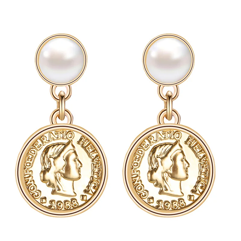 

Vintage Gold Coin Portrait Disc Pendant Dangle Earrings for Women Trendy Geometry Round Drop Earring Brincos Oorbellen 2019