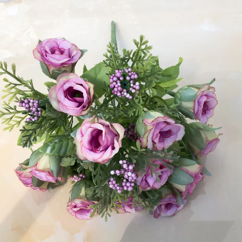YO CHO 15heads Silk Tea Roses Flower Bride Bouquet for Christmas Home Wedding New Year Decoration Fake Plants Artificial Flowers - Color: purple