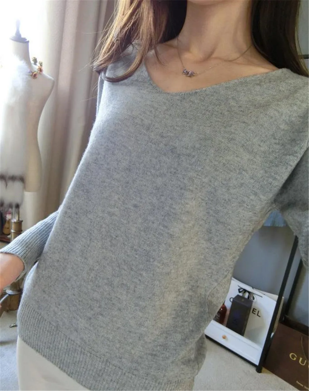 Cashmere Sweater Womens Fashion Sexy V-neck Sweaters Loose Tops Knitted Batwing Sleeve Large Size Pullover Black Woman Clothes