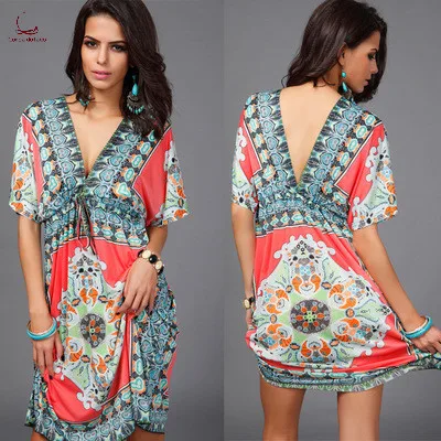 

European and American V - neck sexy milk silk dress large size beach dress