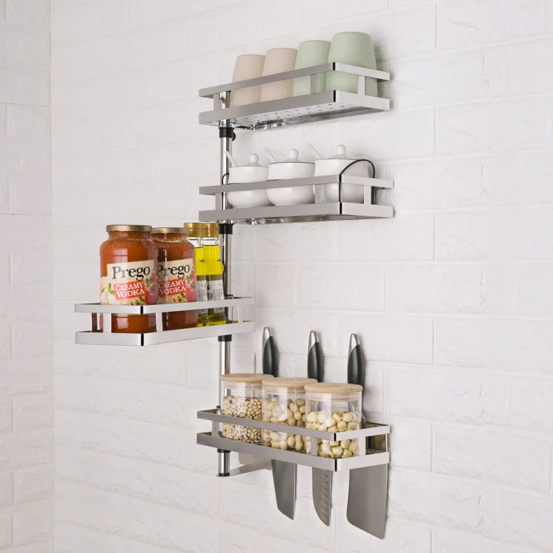 

2018 New Non-perforated Stainless Steel Rotary Rack Kitchen Storage Contains Multi-layer Wall Hanging Shelf Seasoning Holder