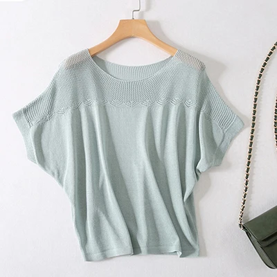 Light green Shintimes Летняя трикотажная открытая футболка для женщин, Повседневная футболка с рукавом летучая мышь, свободные однотонные топы с круглым вырезом, женская футболка - Цвет: Light green