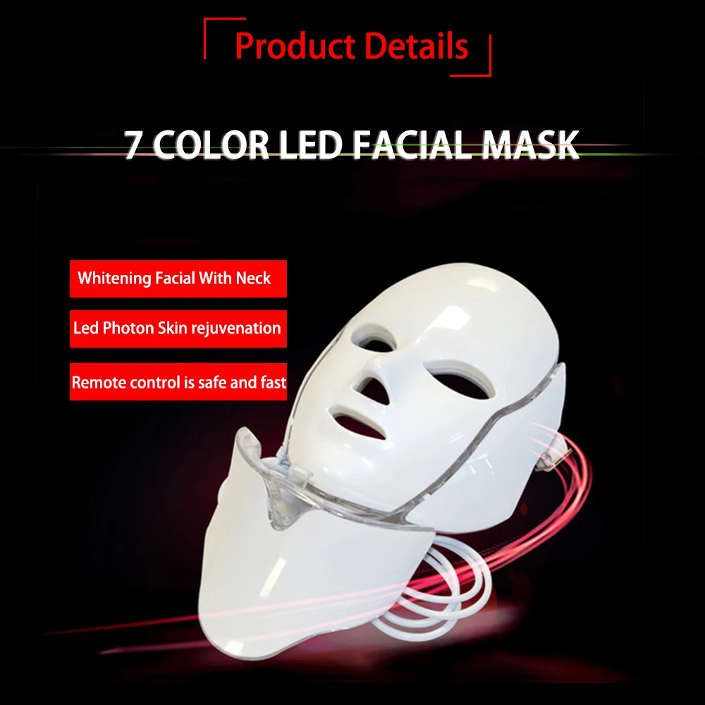7 цветов светодиодный свет маска для лица с шеи Красота Инструмент лечение акне Осветление кожи лица Омоложение кожи Красная терапия светодиодным светом