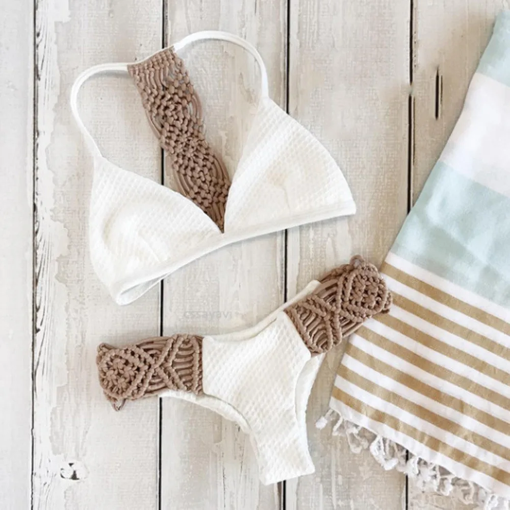 

Monokini GLANE 2019 Women Bikini Set White Swimwear Push Up Bikini Set Knitting Hollow Out Swimsuit Bathing Suit Women Beachwear