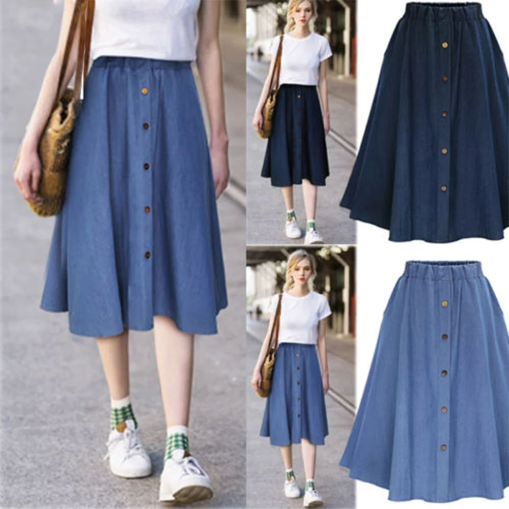 

LASPERAL Fashion Korean Preppy Style Denim Women Solid Color Long Skirt Nature Waist Female Big Hem Casual Button Jean Skirts
