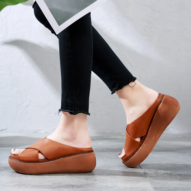 

Hot Sale Women Shoes PU Leather Comfy Thick Platform Creeper Flat Ladies Casual Slippers Open Toe Foot Sandal Plus 35-44 F32