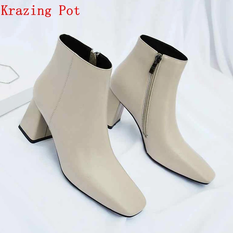 

Krazing Pot full grain leather square toe high heel European designer catwalk bigger size concise simple women ankle boots L67