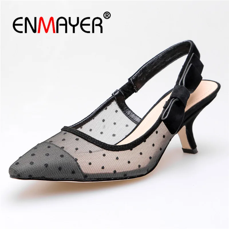 

ENMAYER sweet bow-tie women slingbacks pumps thin high heeled spring summer ladies shoes slip on pumps polka mesh pumps CR695