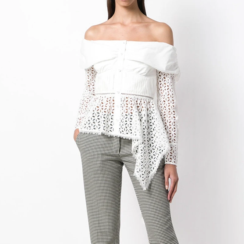 

Self Portrait Women Blouses White Designer Slash Neck Lace Tops 2018
