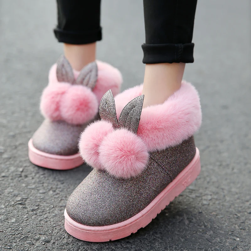 Winter new women boots rabbit ears cute boots waterproof and velvet thick warm cotton shoes
