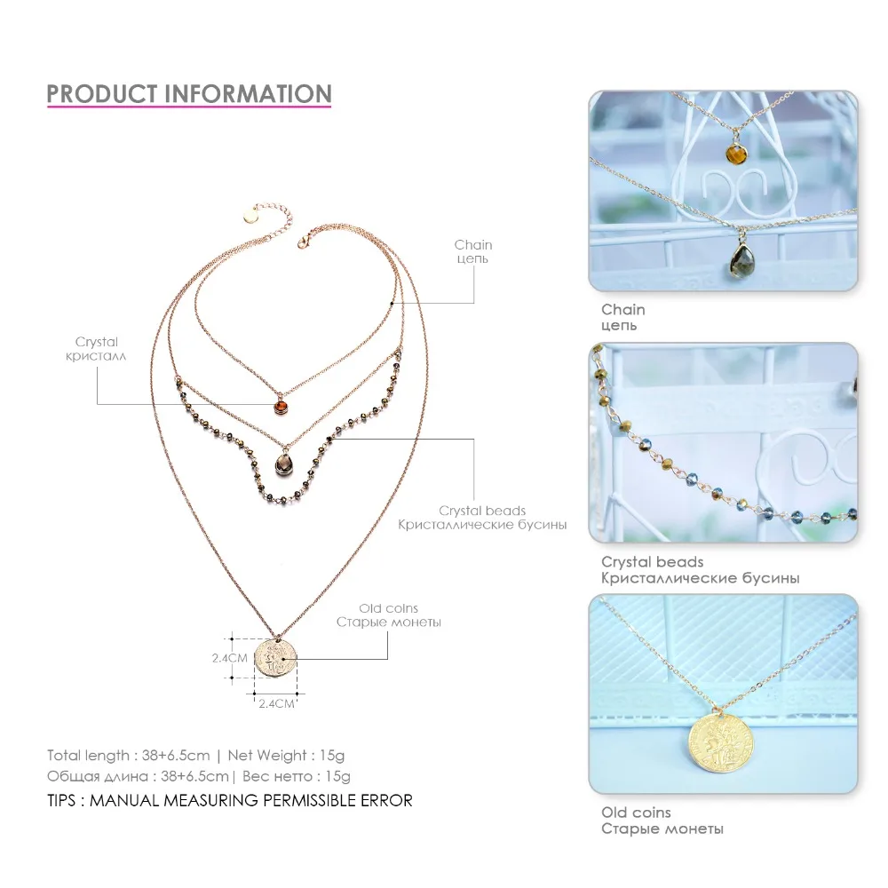 eManco Multi Layered Necklace Crystal Beads Chain Vintage Old Coin pendant necklace New Arrivals For Women Fashion Jewelry
