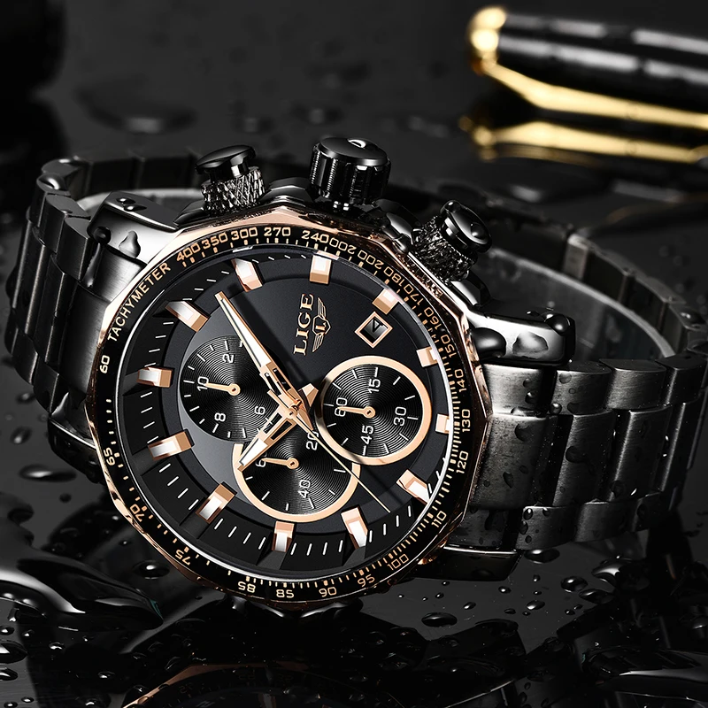 LIGE New Mens Watches Top Brand Luxury Full Steel Sport Chronograph Quartz Clock Waterproof Big Dial Watch Relogio Masculino+Box