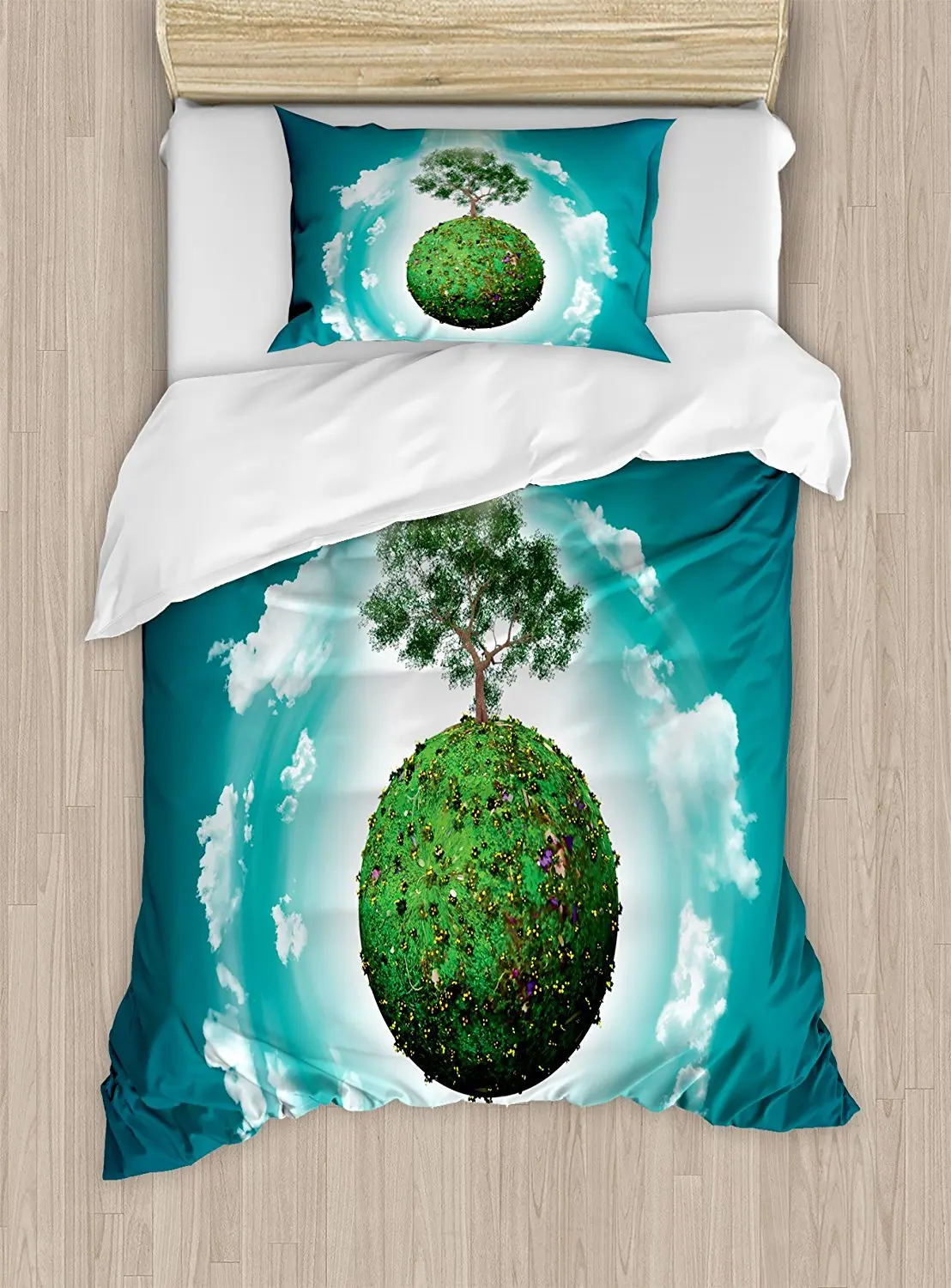 Tree Of Life Duvet Cover Set Grassy Globe World With Plant Clouds