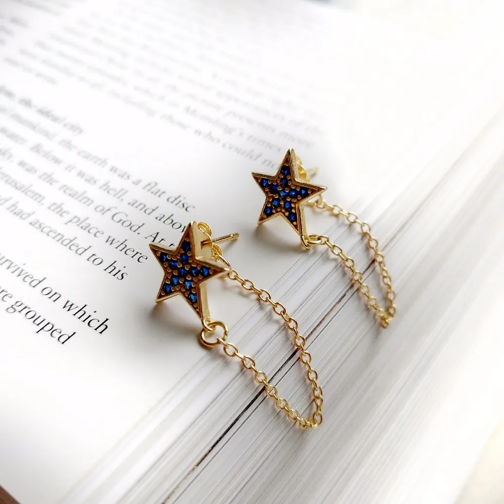 

Sterling 925 silver zircon star chain stud earrings fashion trendy design wild women earrings 2018 charms silver jewelry gift