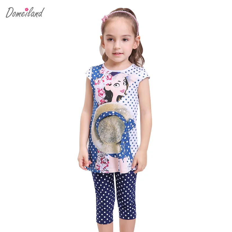 

2017 fashion summer brand domeiland children clothing girls outfits 2pcs sets short sleeve print polka Dot shirts pant suits