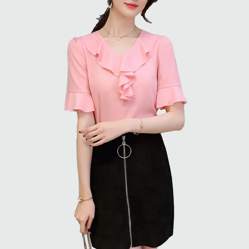 

Summer Chiffon Blouse Petal Sleeve Ruffles Women Tops 2018 New Little Blue / Pink / White Office Lady Shirts Casual Blusas