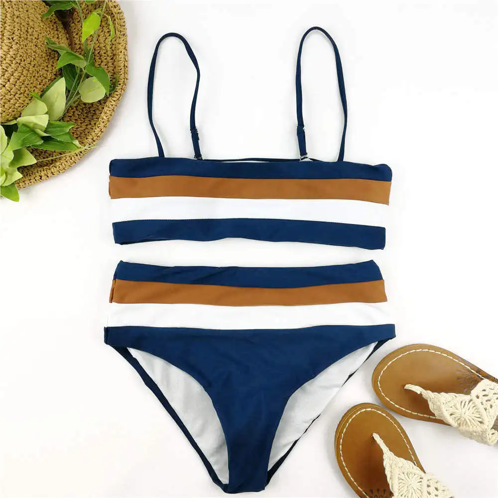 Bandeau Bikini Set Women Stripe Print Swimwear Push Up Swimsuit Brazilian Bikinis Pad Biquini Blue Bathing Suit Maillot De Bain