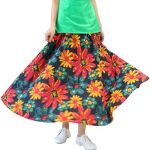 Ботильоны-Длина с цветочным принтом гофрированные расширяющиеся книзу юбка китайское традиционное Стиль с эластичной резинкой на талии юбка Лидер продаж Демисезонный Для женщин юбка