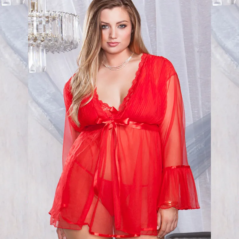 

Red Women's New Sexy Lingerie Europe and the United States Net Yarn Through Women Sleeping Dress Large Size 5XL Sexy Nightgown