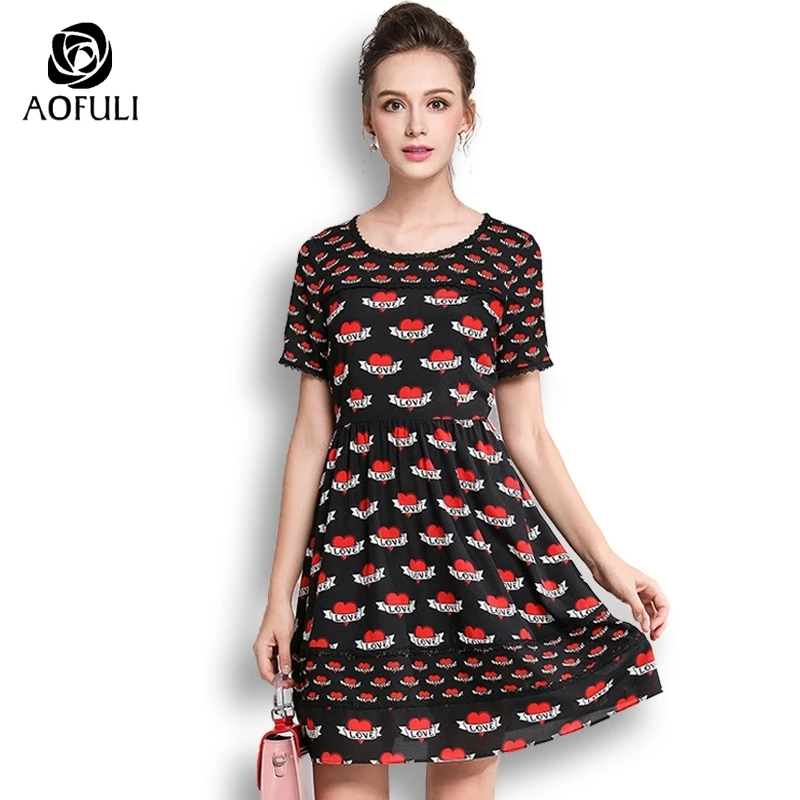 

AOFULI L- 4XL 5XL Big Size Ladies Print Dress Heart And Love Pattern Short Sleeve Summer Dress Fashion Plus Size Clothes A3603