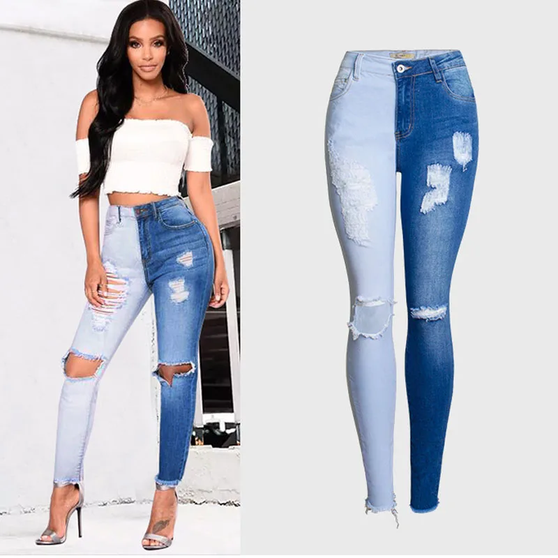 

Double color Bule Stretch Jeans Women Hole Ripped High Wais jeans Elasticity Skinny pencil pants women's Jeans