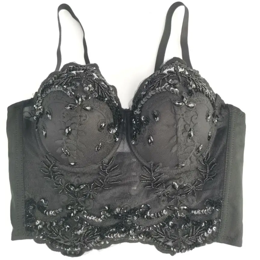 

Black color Rhinestone lace Bustier Pearls Push Up Corset Wedding Party Women's Bra Cropped Top Vest Plus Size