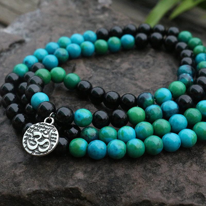 8mm Mala Beads, Black Onyx, Chrysocolla, JapaMala, Spiritual Jewelry, Prayer Meditation, OM, 108 Mala Beads, Yoga Gifts For Her