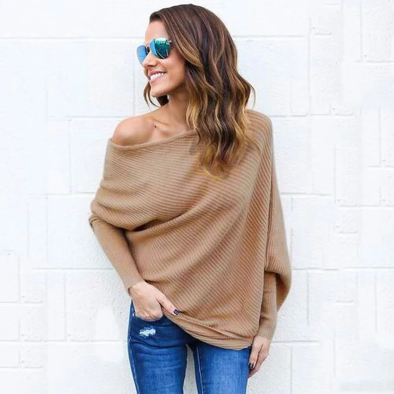 

Fashion New Style Women Sexy Bat Sleeve Off Shoulder Pullovers Knitted Sweater Irregular Collar Tops Winter Autumn Warm Sweaters