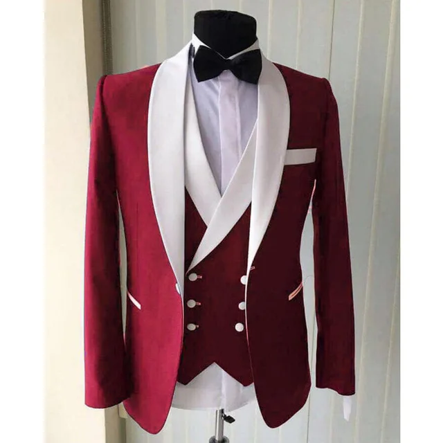 

Latest Design Wedding suits men White Shawl Lapel Three Pieces Jacket Double Breasted Vest Pants Slim Fit Groom Tuxedos