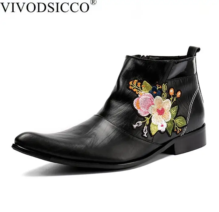 VIVODSICCO/Новые Модные Мужские модельные ботинки из натуральной кожи с цветочной вышивкой, ботильоны с острым носком, мотоботы в британском стиле - Цвет: Черный