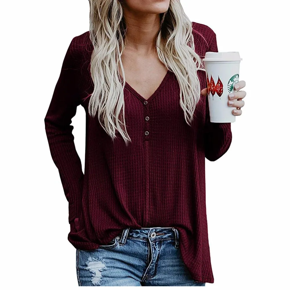 Women's Long Sleeve Button V Neck Henley Tops Casual Loose Knit