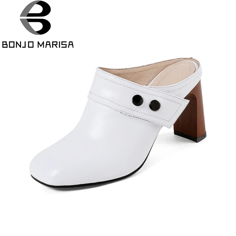 BONJOMARISA 2018 Summer Brand Elegant Cow Leather Women Mules slip-on High Heels Pumps Shoes Woman Sewing Lady Casual Shoe bonjomarisa 2018 summer brand sexy women mules print patent leather pumps crystal high heels party wedding shoes woman